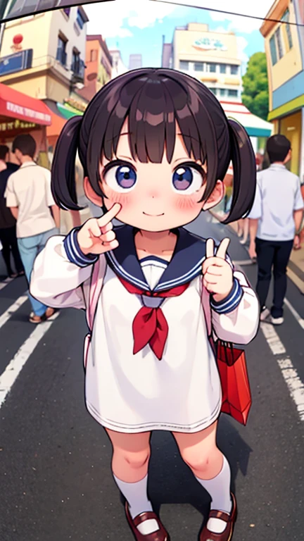 Highest quality，，，1 person，A shy smile，Fisheye Lens，shy，blush、very cute，Baby Face，Very short stature，Flat Chest，Sailor suit，Shopping Street，In the crowd，Bruises and gestures，