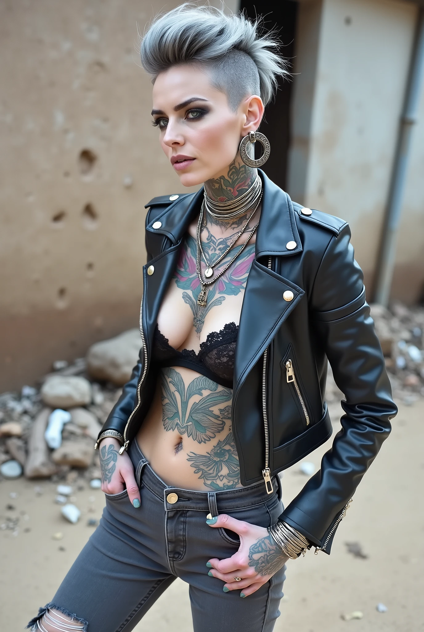 russian milf woman, grey hair (pouf, shaved sides, top bun), with very light blue eyes, extremely pale skin. All neck tattooed in colour. All stomach tattoed in colour. .All hands tattooed in colour .Wearing aged black moto jacket with lots of zippers and pins, flipped up collar. Expensive black lace push up bra.. Dark grey skinny low rise jeans with holes. wide black studded belt. hands in pockets, chin up, stretching her neck , humble facial expression.. Listening with tilted head, looking up to somebody more clever speaking to her. Well toned abdominals, thin neck, slim legs and thin arms. Narrow hips. Lots of metal collars and necklaces, lots of chain pendants. Lots of metallic bracelets. Dirt street in Kenyan village full of waste. Lots of silver bracelets. A lot of tanned fat women in traditional dresses around looking down at her