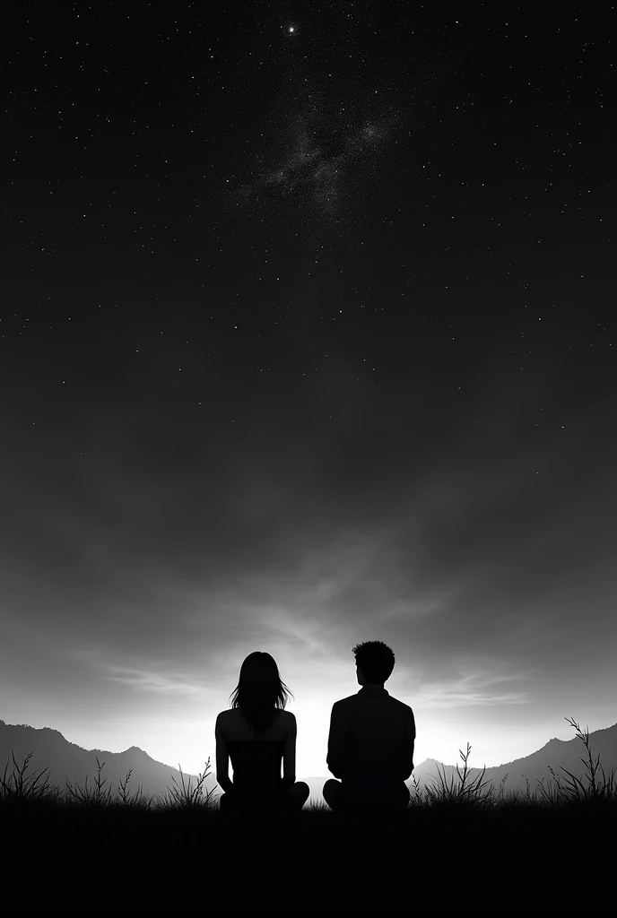 A picture of the silhouettes, in black and white, of two people sitting on their backs looking up to the stary sky with a sunset.
