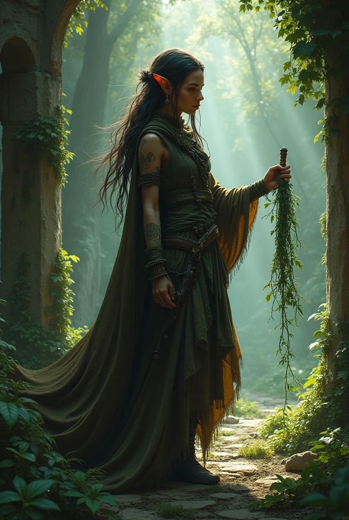 Create a dungeons and dragons character image of an androgynous elf druid with copper skin, small lips, pointed ears long unkempt wild dark brown hair in a dark brown and dark green traveling cloak holding a scimitar and a vine in ruin in a forest