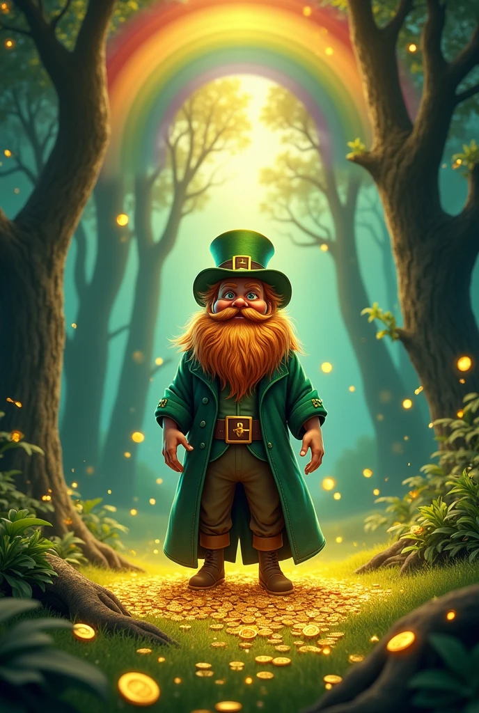 A majestic leprechaun stands at the vibrant terminus of a radiant rainbow, surrounded by a bounty of glittering gold coins and precious jewels. The lush, emerald-green grass beneath his feet seems to glow with an otherworldly light, as if infused with the magic of the rainbow's end. Framed by towering, ancient trees, the leprechaun's weathered face wears a warm, golden smile, inviting all who approach to claim their own treasure.