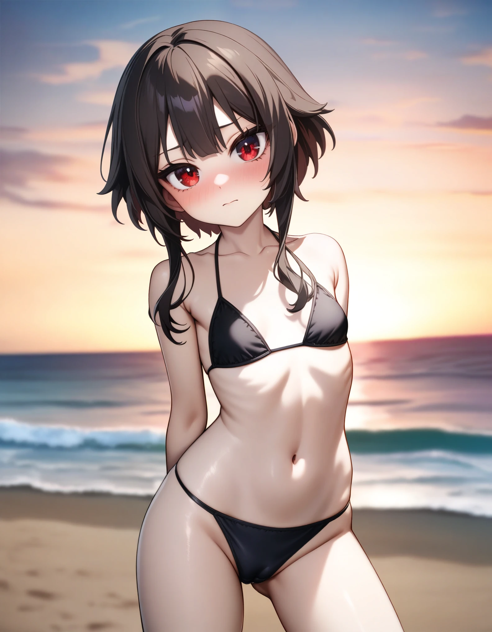 32k, best quality, ultra high res, HDR, UHD, extremely detailed CG, unity 32k wallpaper, masterpiece, highest quality, Super detailed, figure, whole body, Swimwear,, Detailed Background, mksts style, Beach, sunset, (highest quality:1.2, Very detailed, Latest, Vibrant, Super Detail, Ultra-high resolution, High Contrast, masterpiece:1.2, highest quality, Best aesthetics, there is:0.9), alone, (1 female), Megumin, short hair, black hair, (red eyes:1.3), short hair with long locks, minimal, 1girl, solo, ((black bikini)), red eyes, nose blush, shy, looking at viewer, cameltoe, arms behind back, cute overload, small breasts, slim figure, contrapposto, ulzzang,