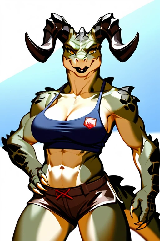(((Masterpiece))), ((4k)), (best body), Solo, score_9,score_8_up,score_7_up, kemono style, Anthro deathclaw from fallout, Anthro reptile girl, snout, green scaled skin, gold eyes, black lips, black horns, black ram horns, athletic body, smiling, wearing brown laced tank top, pov, pov she is holding viewers face, pov she is holding viewer, simple grey background