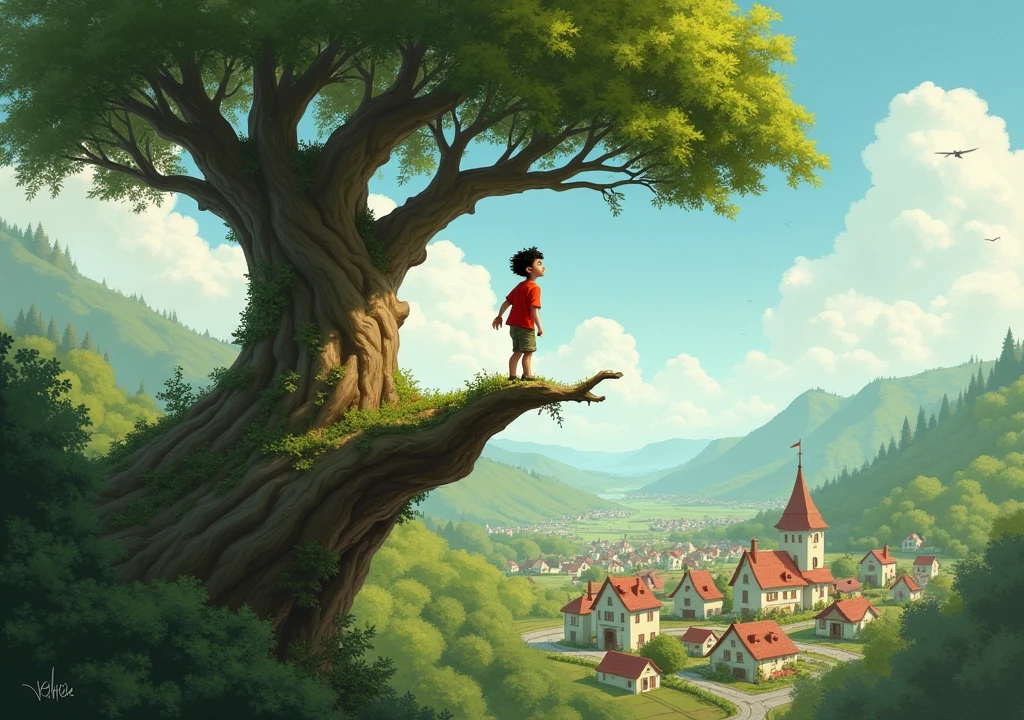 A boy in a red shirt shouting from the top of a tree near a village. fable style