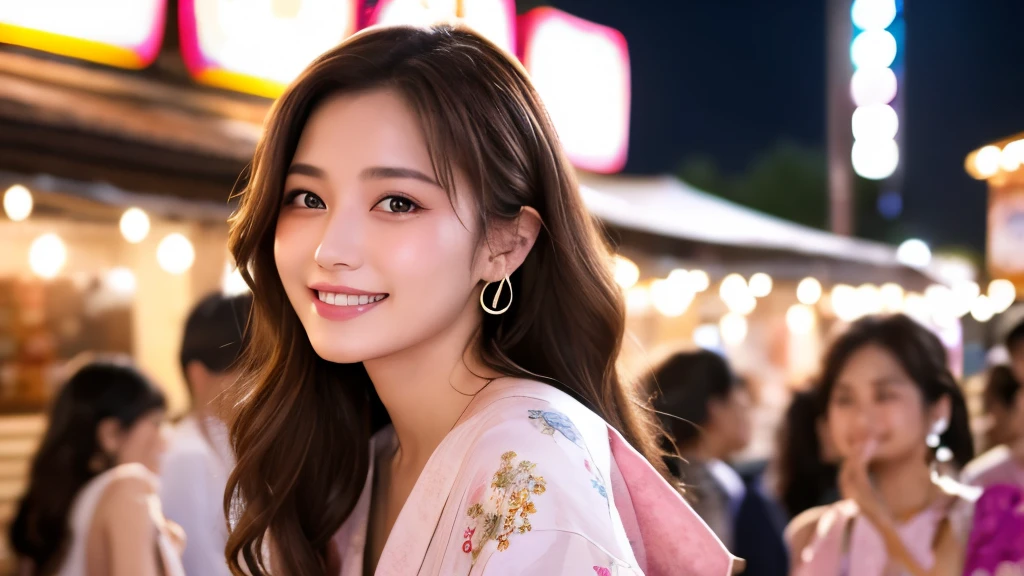 Highest quality、High resolution、8k wallpaper、Dense and beautiful eye-glue hair、Natural color lip、2 woman、Brown Hair、smile、Semi-long hair、Hair tied up、Wearing a necklace and earrings、Summer festival、Pink Yukata、clear、crowd、Opening a store、night、firework