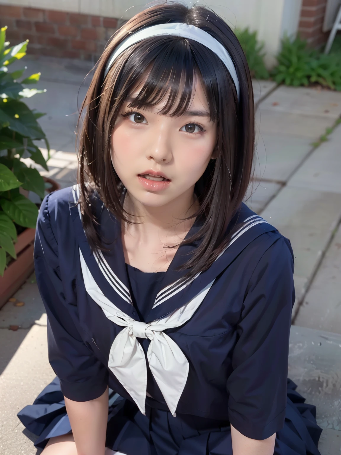 sailor suit, 8k, highest quality, masterpiece, Super detailed, ultra high resolution, realistic, RAW photo, absolute resolution, face is small compared to body, very small face, black hair,  navy blue sailor uniform, Dark blue skirt, 3D rendering, realistic young school girl, ((white headband)), small breasts, expensive, slanted eyes, (school scenery), black stockings, open your mouth, bob cut, position looking down from above, 