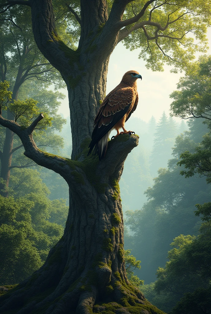 Hawk on big tree in forest (ultra realisitic)