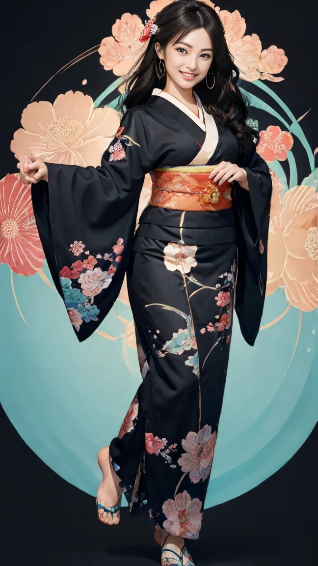(SeaArt creates stunning illustrations of beautiful women in kimono)、Vividly colored Japanese Ukiyo-e style illustrations、A beautiful woman smiles and shows her upper white teeth、Brown-black long hair、Beautiful full body style、If you want to dance, let&#39;s dance, Tokyo Ondo, Yoi Yoi、Beautiful new digital paintings,、Bright vibrant digital anime art、 Beautiful anime portraits、background,Japanese shrine torii gate front、 Detailed digital anime art、
