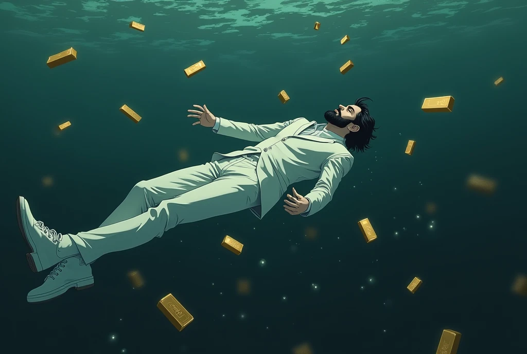 Create a anime style landscape image. an dramatic style under the water image showing a surreal and dramatic scene of a male person in a white suit, white shoes, and sinking into deep, The man has dark medium hair, thik medium beard and light skin, dark waters, surrounded by floating gold bars. "The figure appears to be floating helplessly, as if falling through the water, with their arms means hands and legs extended and head tilted back". and "his body is oriented horizontally with his back facing the viewer". The gold bars around the person seem to be floating and tumbling through the water, giving the impression of wealth lost in the chaos. The mood should be somber and intense, highlighting themes of loss, wealth, and the overwhelming force of destruction. Camera view left side long shoot. 4k, ultra high quality, UHD, ULTRA HD.