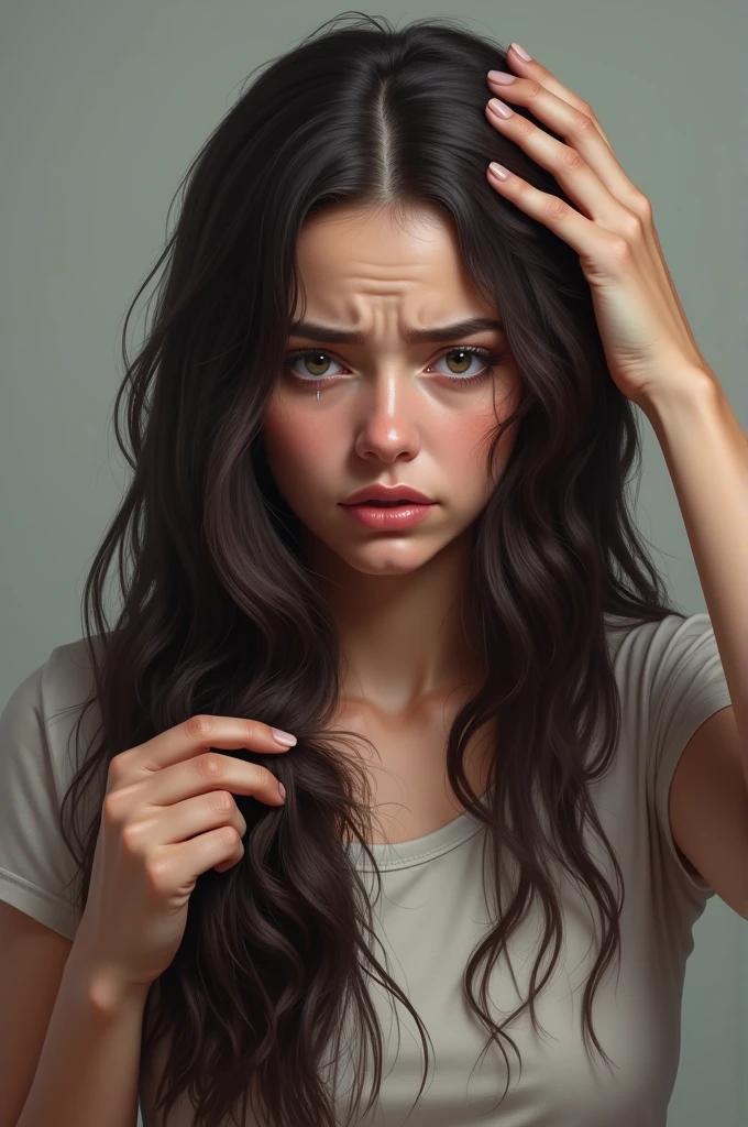 A realistic image of a woman with long, dark hair, holding a clump of hair in her hand, indicating significant hair loss. She has a sad, worried expression, with tearful eyes and a furrowed brow. Her other hand is gently touching her scalp, showing the areas where hair has thinned. The background is neutral, emphasizing her emotional distress and the severity of the hair loss.