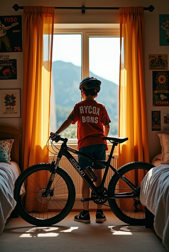 Cree une photo d'un chambre des annee 90, avec plusiers affiche accroché au mur, il y un maillot de vtt cross avec le nom inscrit a l'arriere Pisano, il y un Bmx Accroché, il est en or, et il y aussiun jeune de 15 qui ecoute la musique avec une casquette il est de dos devant sa fenetre et il regarde a l'exterieur une montagne