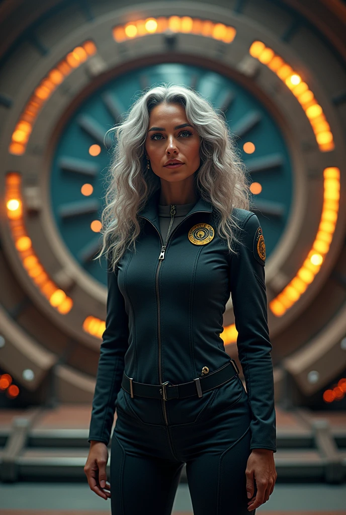 A beautiful youthful looking Chloe Bennet as a 50 years old woman with long curly completely gray hair as a member of stargate command standing next to the Stargate 