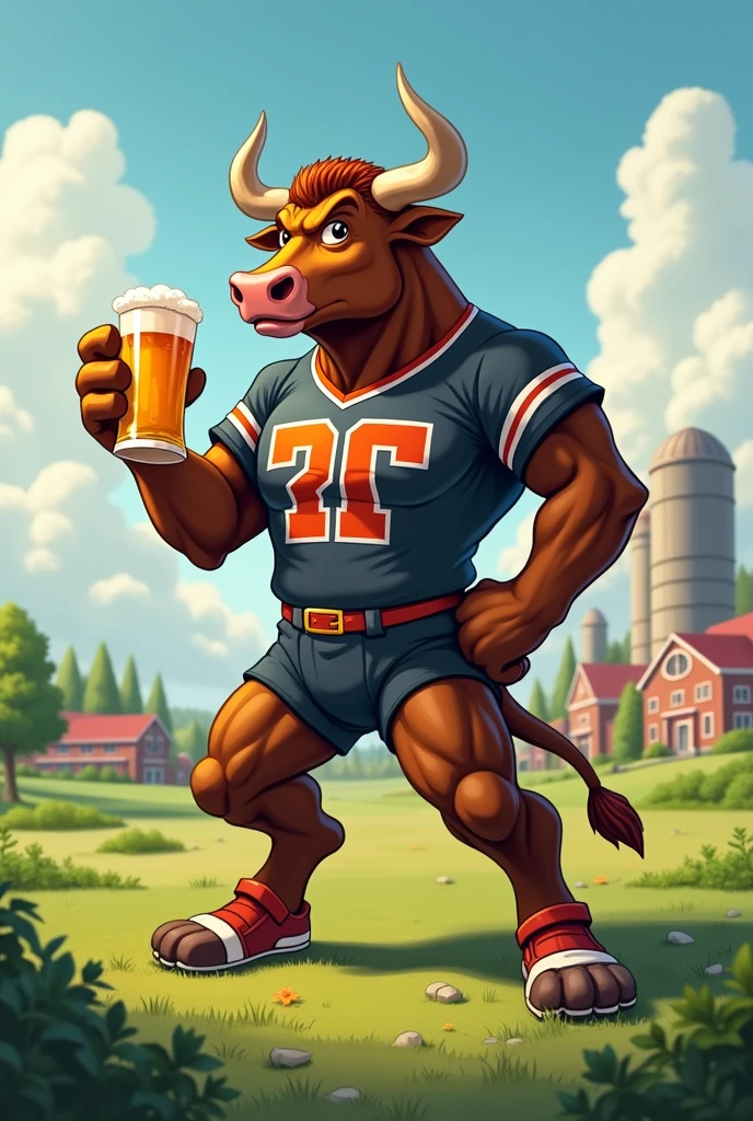 Animated bull with a beer in his hand, for the football team mascot of the school of agronomy