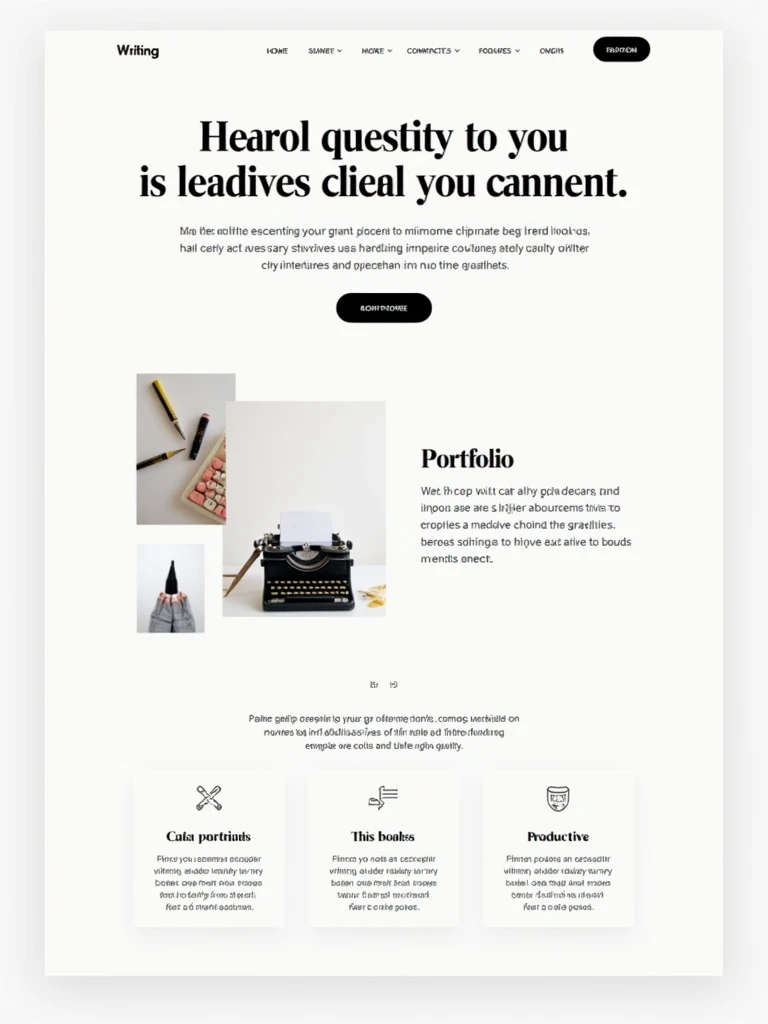 Got it! Here’s a revised prompt: “Create a visually striking copywriting page with a modern, minimalist design. The page should have a clean, white background and feature an elegant, high-contrast layout. Include a prominent header area with a sophisticated design element, such as a stylish icon or abstract graphic. Add a central section showcasing a sleek, professional portfolio layout with placeholders for text samples. Include a sidebar with a subtle call-to-action button design. Incorporate creative, high-quality graphic elements related to writing, like a typewriter, quill pen, or abstract shapes, without any text. The overall design should emphasize a sense of creativity and professionalism.”