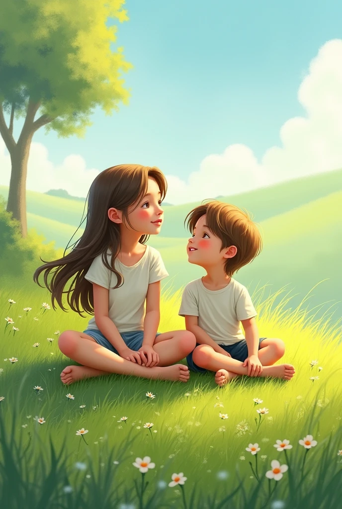 Girl and boy sitting on the grass
