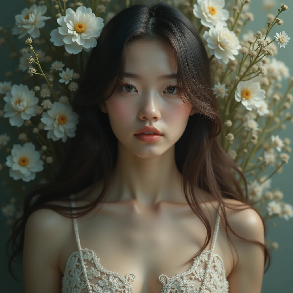 a beautiful young woman, detailed face, porcelain skin, long flowing hair, elegant dress, serene expression, natural lighting, intricate floral background, soft color palette, delicate details, photorealistic, (best quality,8k,highres,masterpiece:1.2),ultra-detailed,(realistic,photorealistic,photo-realistic:1.37),dramatic lighting,cinematic composition,ethereal atmosphere