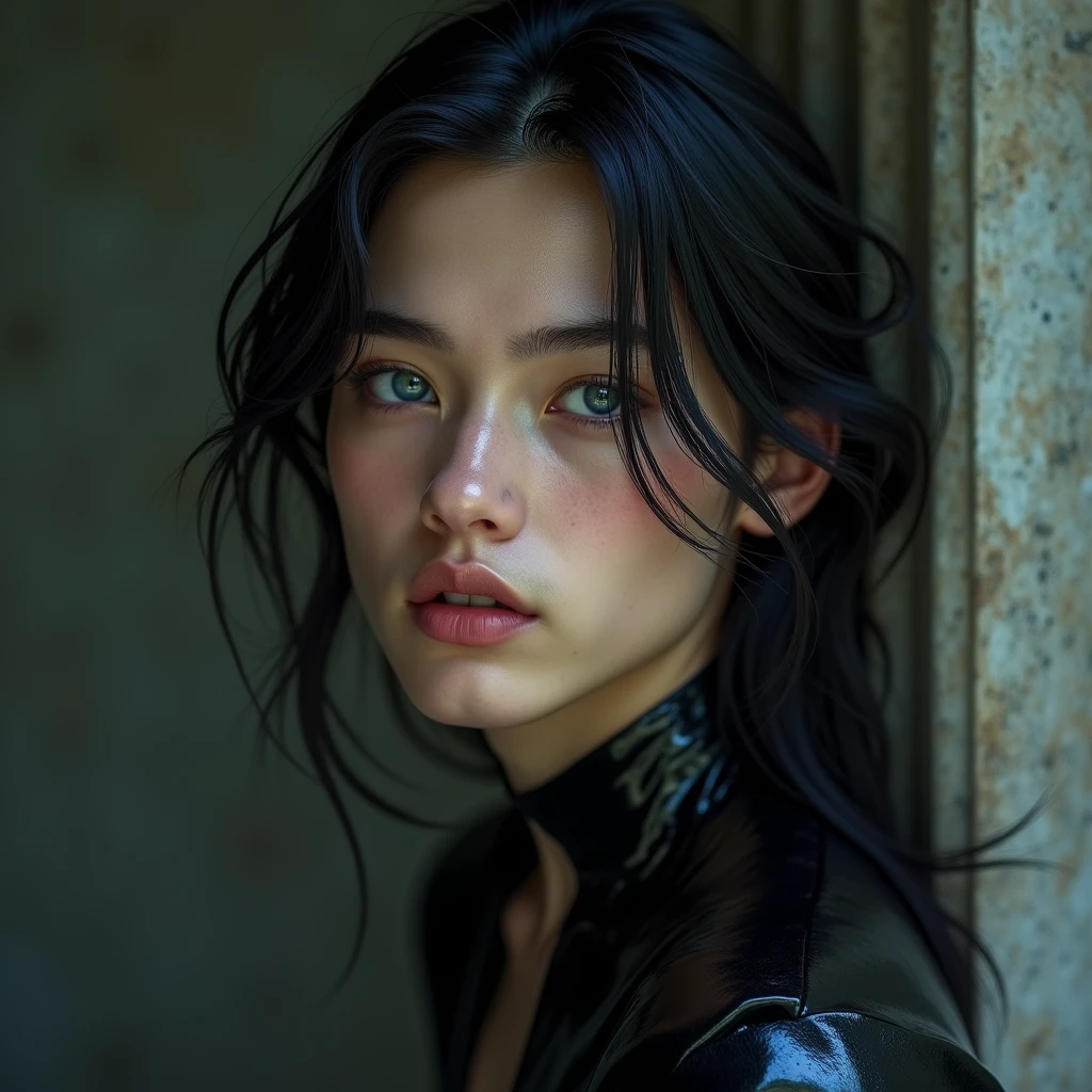 Handsome Male, with long black hair, teal blue eyes, long lashes, and white and pale skin. smooth. (((masterpiece))) male. Young male. sexy male. Delicate and perfect facial features. No body or facial hair. Wearing black very tight and shiny clothes. Sexy. ((Male))