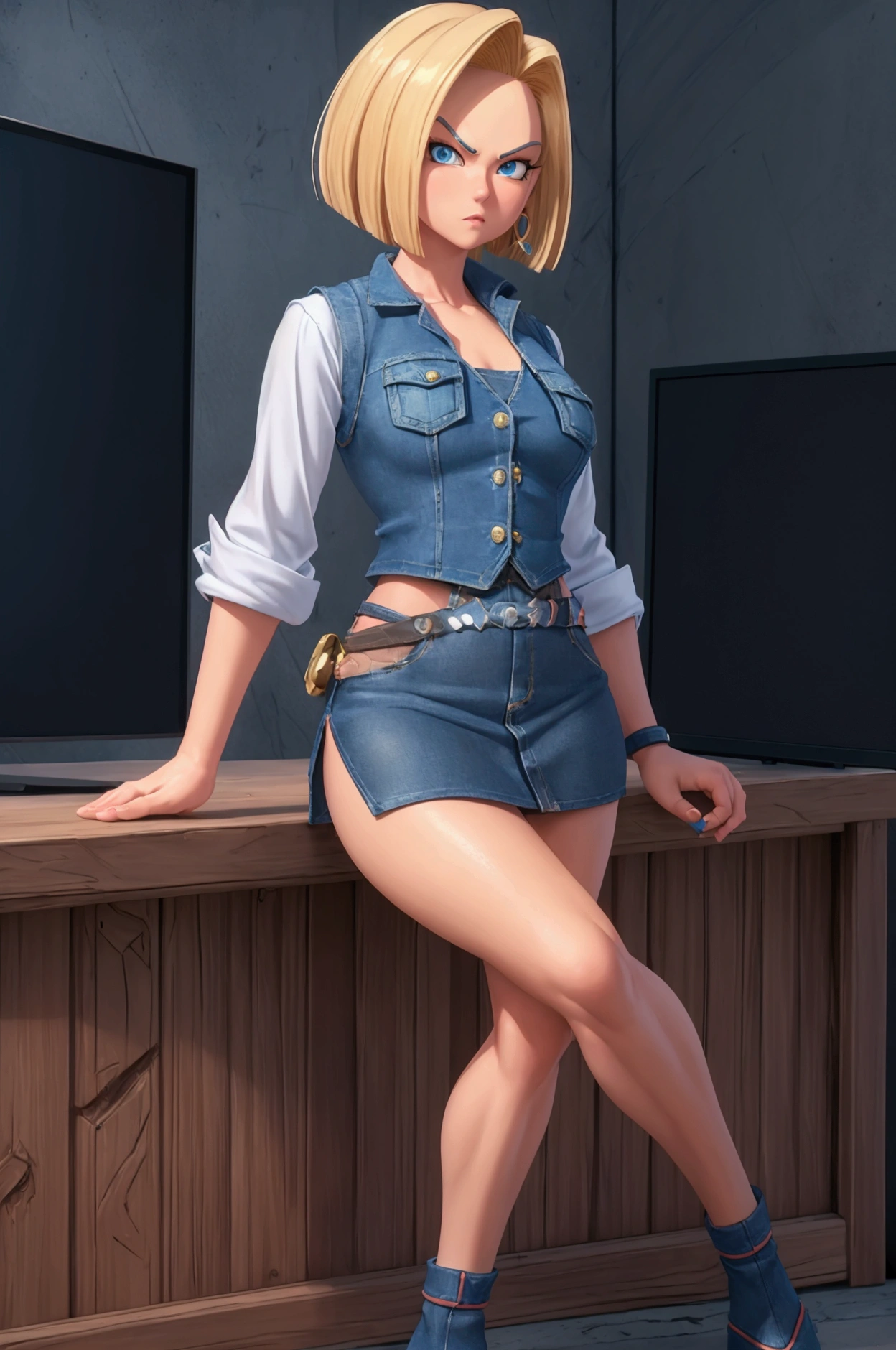((work of art, highest quallity, A highest quallity de imagem, high resolution, photorrealistic, CRU photo, 8k)), Woman with short blonde hair and black blouse, Denim mini skirt, android 18, アニメ, (She's wearing a short skirt, A long-sleeved shirt, and a thin denim vest), (Very detailed figure), saiyan girl, beautiful portrait of android 18, pose casual, badass pose, skin detailed, blue colored eyes, visible thighs, in dynamic pose, dark face, stand with your legs open, ((The screen says "android 18" in big letters)),
