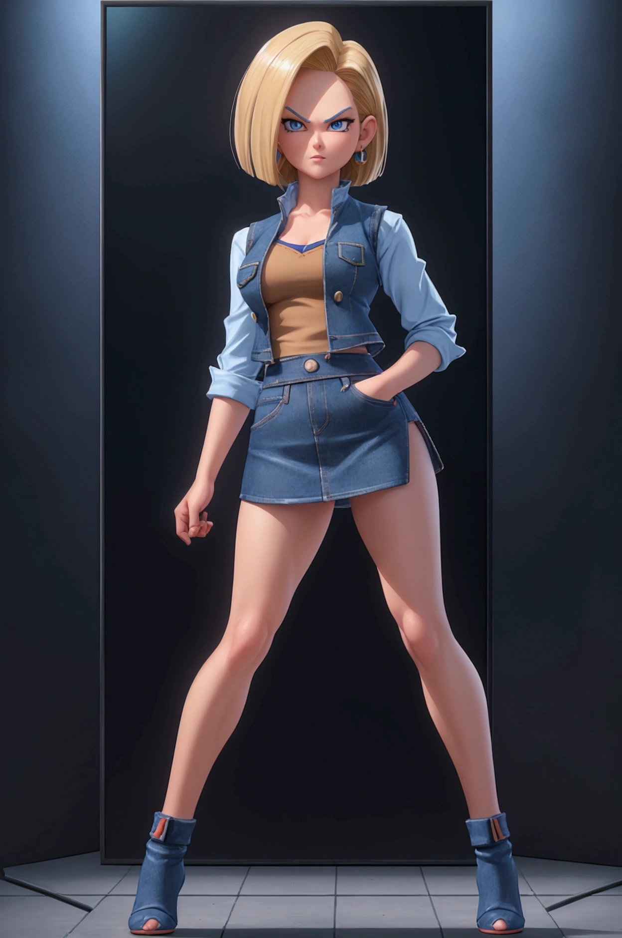((work of art, highest quallity, A highest quallity de imagem, high resolution, photorrealistic, CRU photo, 8k)), Woman with short blonde hair and black blouse, Denim mini skirt, android 18, アニメ, (She's wearing a short skirt, A long-sleeved shirt, and a thin denim vest), (Very detailed figure), saiyan girl, beautiful portrait of android 18, pose casual, badass pose, skin detailed, blue colored eyes, visible thighs, in dynamic pose, dark face, stand with your legs open, ((The screen says "android 18" in big letters)),
