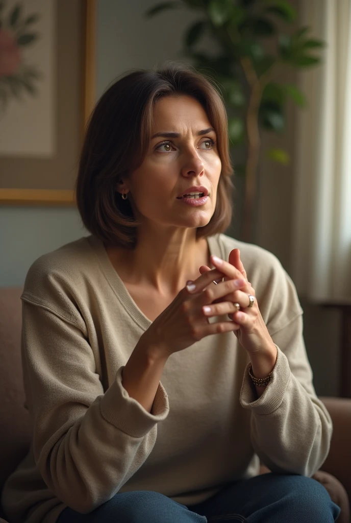 40 year old woman with short brown hair talking while sitting