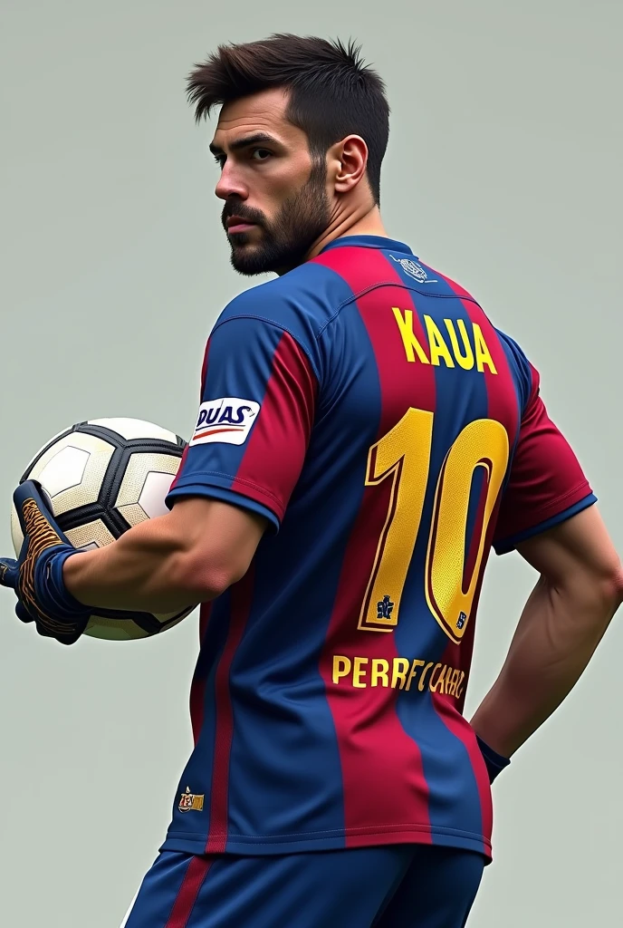create an image of a goalkeeper with the Barcelona shirt with the name "Kaua" on his back holding the ball (ultra realistic) (for cell phone wallpaper) (on his back)