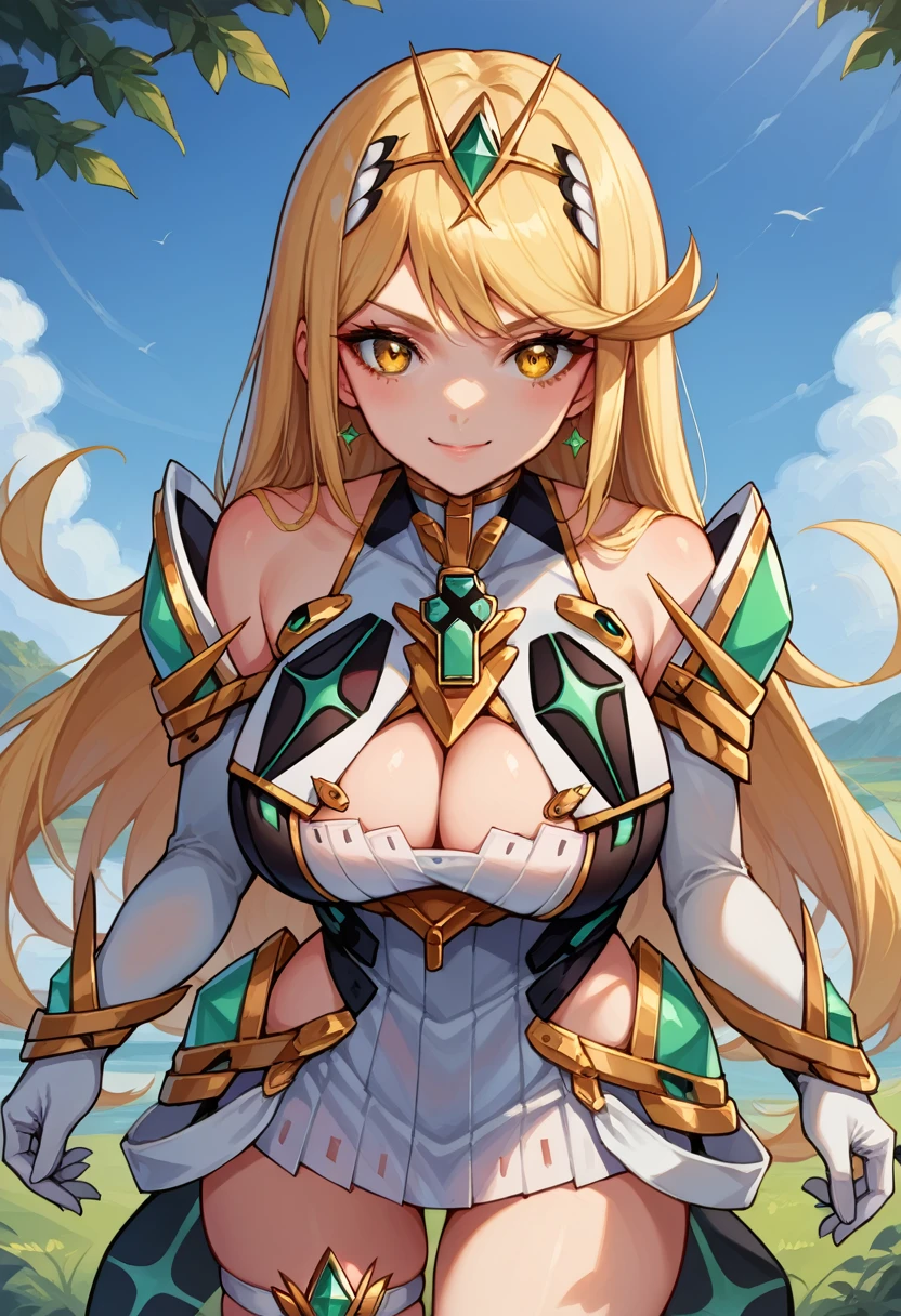 score_9, score_8_up, score_7_up, 1girl, solo, mthrdef, yellow eyes, blonde hair, long hair, tiara, earrings, chest jewel, large breasts, cleavage cutout, cleavage, white dress, short dress, elbow gloves, white gloves, thigh strap, standing, slight smile, looking at you, medieval landscape