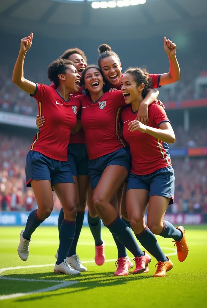 Image of a group of 5 people playing soccer celebrating a goal