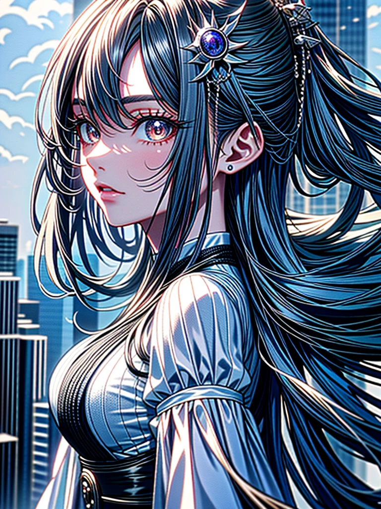 Masterpiece、High resolution、Detailed expression、Huge beauty、Silver Hair、18 meters tall、In a city building