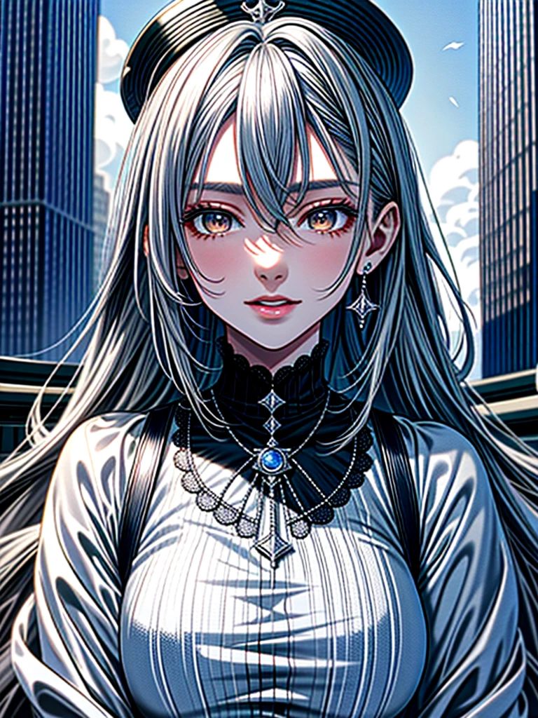 Masterpiece、High resolution、Detailed expression、Huge beauty、Silver Hair、18 meters tall、In a city building