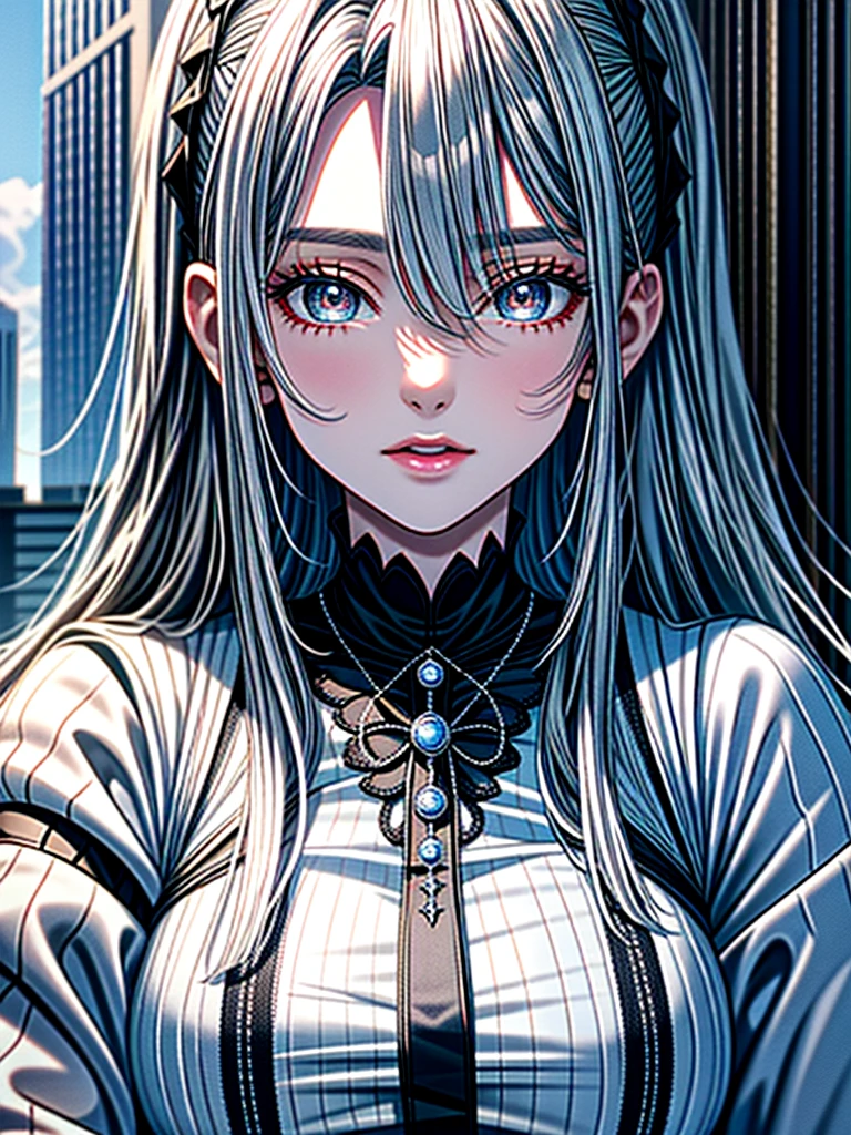 Masterpiece、High resolution、Detailed expression、Huge beauty、Silver Hair、18 meters tall、In a city building