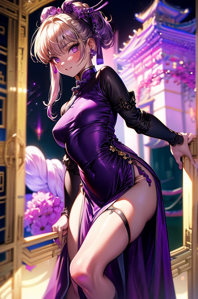 Raw photo,masterpiece,best quality,ultra-detailed,high resolution,extremely detailed CG,unity 8k wallpaper,official art,production art,novel illustration,caustics,textile shading,super detailed skin,perfect anatomy,detailed,cinematic lighting,dynamic lighting,beautiful detailed eyes,(shiny skin),sexy smile,(nsfw:0.7),(Purple Chinese dress:1.5), (small breasts), large buttocks, blonde, garter belt,Pretty eyes, long lashes, eye shadow, eyeliner,detailed eyes,beautiful eyes,behind viewer,back shot,hips focus,(side slit dress:1.5),