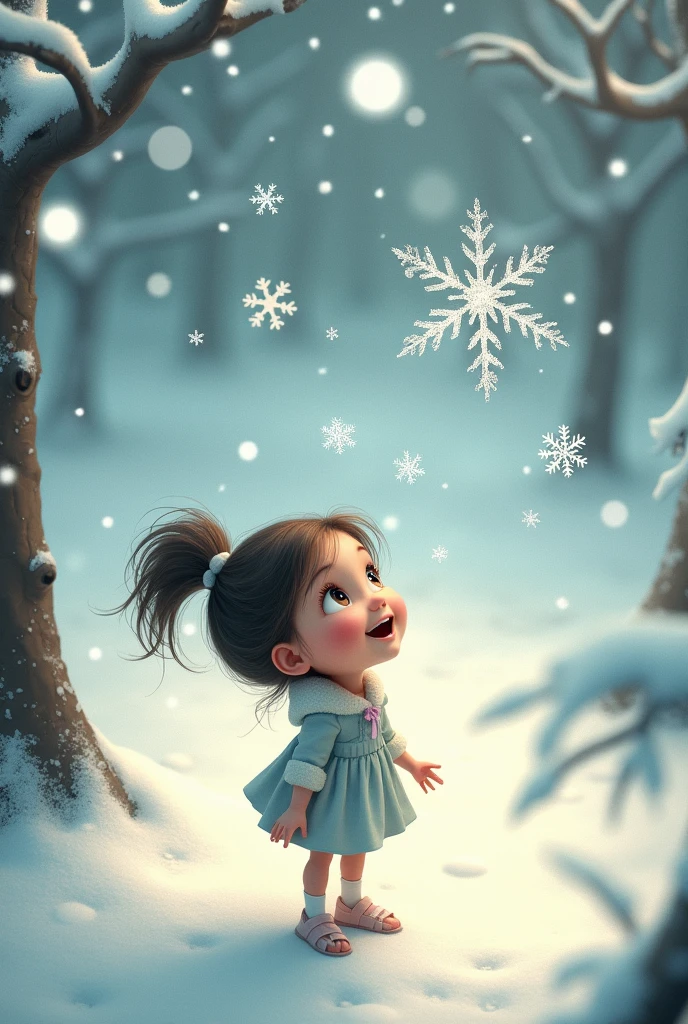 Snowflakes dancing, girl looking up, bird's eye view,