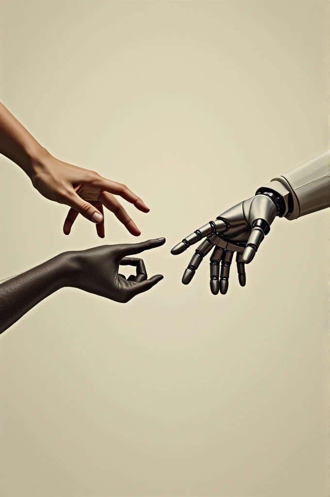 Square image. Creative album cover. The hands from the creation of Adam painting but instead one is a human hand and the other is a robot hand. Just the hands are in frame, just nearly touching like in the painting.