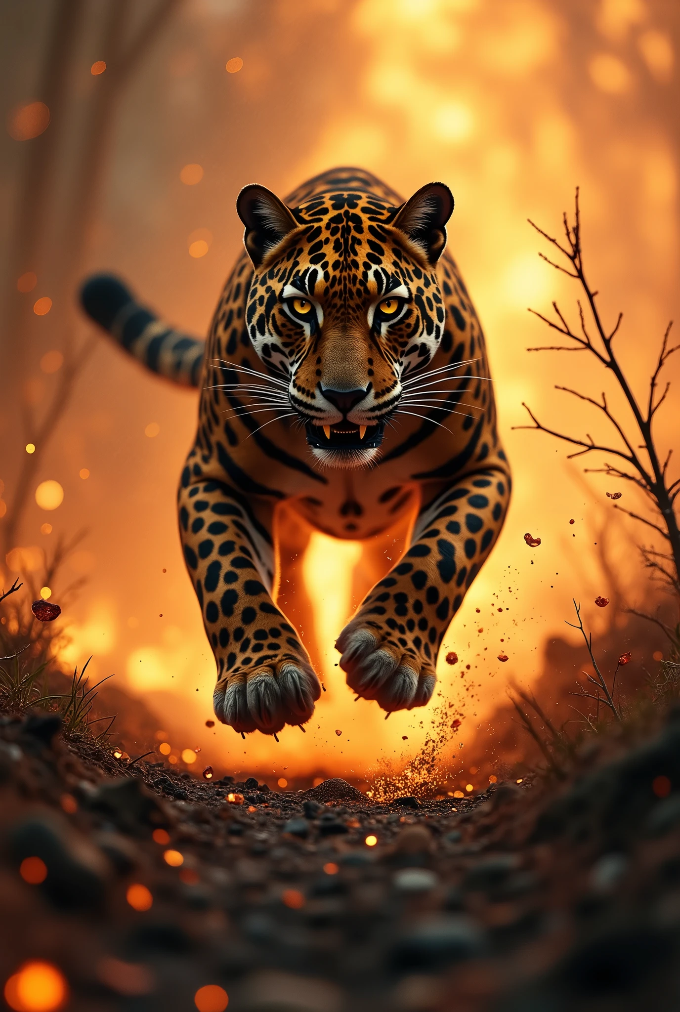 a jaguar fleeing the burning forest