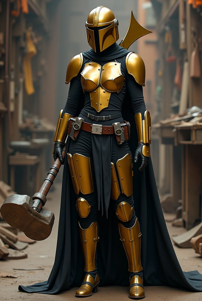 A female Mandalorian with gold and black colors, Armorer who uses a hammer and a large flamethrower shaped like Valkyrie wings, curvy and slim body