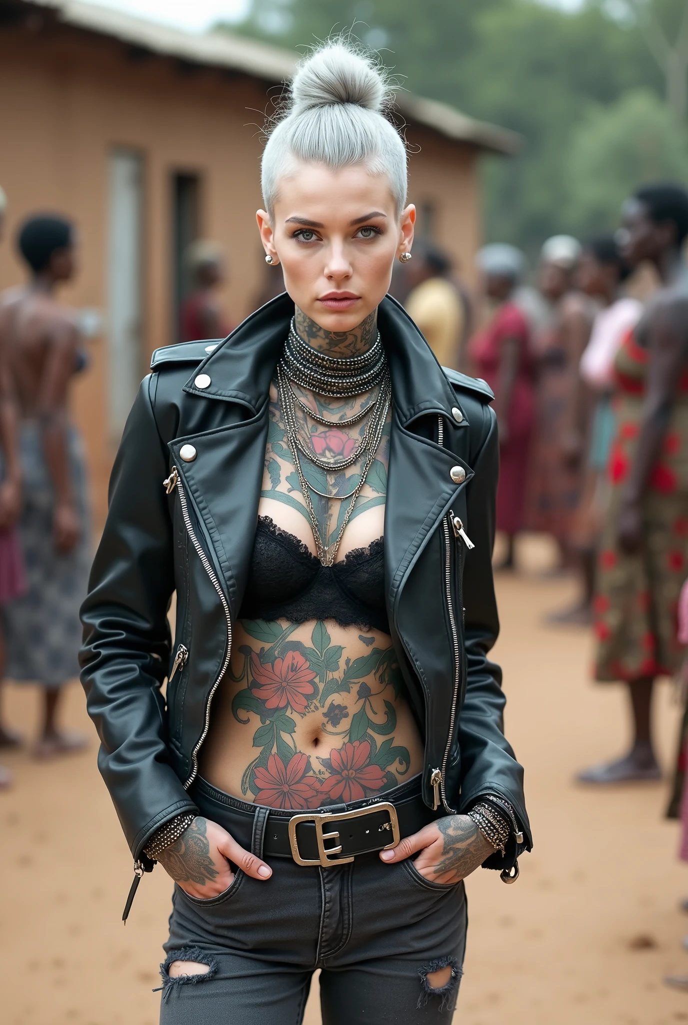 russian milf woman, grey  hair (pouf, shaved sides, top bun), with very light blue eyes, extremely pale skin, no tan. All neck tattooed in colour. All stomach tattoed in colour. .All hands tattooed in colour  .Wearing aged black moto jacket with lots of zippers and pins, flipped up collar. Expensive black lace push up bra.. Dark grey  skinny  low rise jeans with holes. wide black studded belt. hands in pockets, chin up, stretching her neck , humble facial expression.. Listening with tilted head, looking up to somebody more clever  speaking to her. Well toned abdominals, thin neck, slim legs and thin arms. Narrow hips. Lots of metal collars and necklaces, lots of chain pendants. Lots of metallic bracelets. Dirt street in Kenyan village full of waste. Lots of silver bracelets. A lot of tanned fat women  in traditional dresses around looking down at her