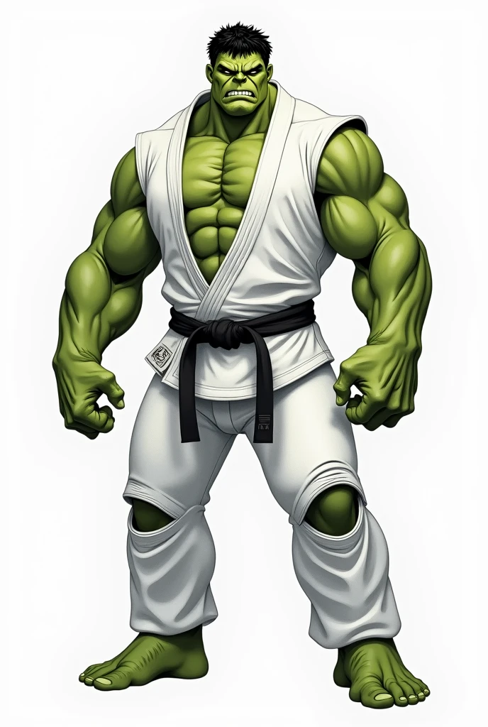 HULK WITH THE GREEN BODY, WEARING WHITE Jiu Jitsu KIMONO , SHIRT SLEEVES LONG , long and RIPPED pants , black Belt, GIANT MUSCULAR, fully body, drawing style, white background