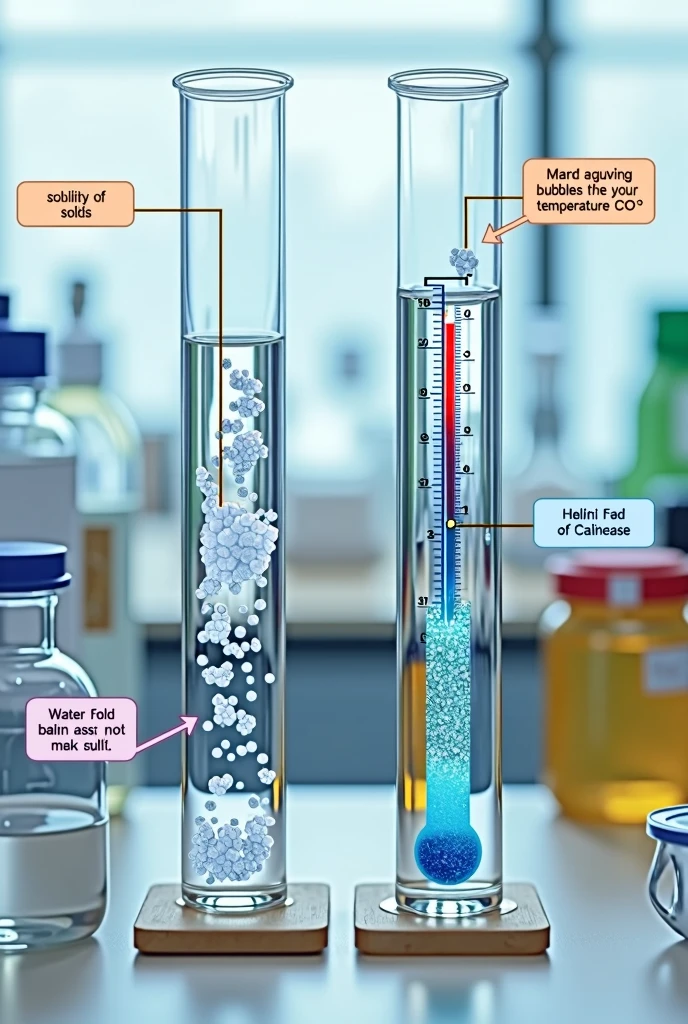 Showing two glass test tubes in a laboratory setting, each with a thermometer immersed in water. The first test tube is labeled 'Solubility of Solids' and contains sodium chloride crystals. (NaCl) dissolving in water. The thermometer in this tube shows a temperature of 80°C. The second test tube is labeled 'Solubility of Gases' and contains water with bubbles of carbon dioxide. (CO2) which are decreasing as the temperature increases. The thermometer in this tube also shows 80°C. Each tube has clear labels indicating the type of solubility it represents., and there are arrows indicating the decrease in bubbles in the case of gases and the increase in the dissolution of crystals in the case of solids.