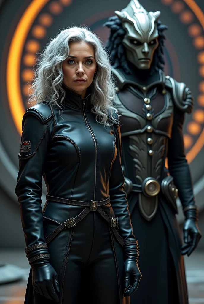 A beautiful youthful looking Chloe Bennet as a 50 years old woman with long curly completely gray hair as a member of stargate command standing next to the Stargate and a wraith