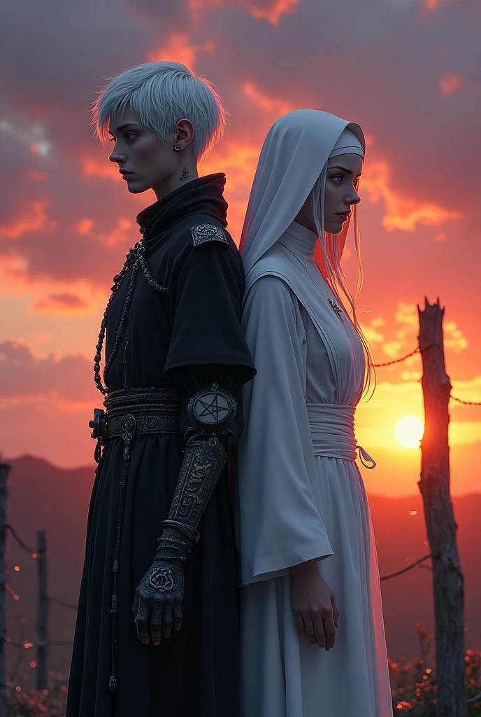 Two albinos from the Middle Ages back to back with violet eyes and white hair, with the one on the left with short hair in dark alchemist clothes and with the left arm with a steampunk prosthesis with a pentagram raised, and the one on the right in white nun's clothes with a rosary, at sunset face an execution at the stake.