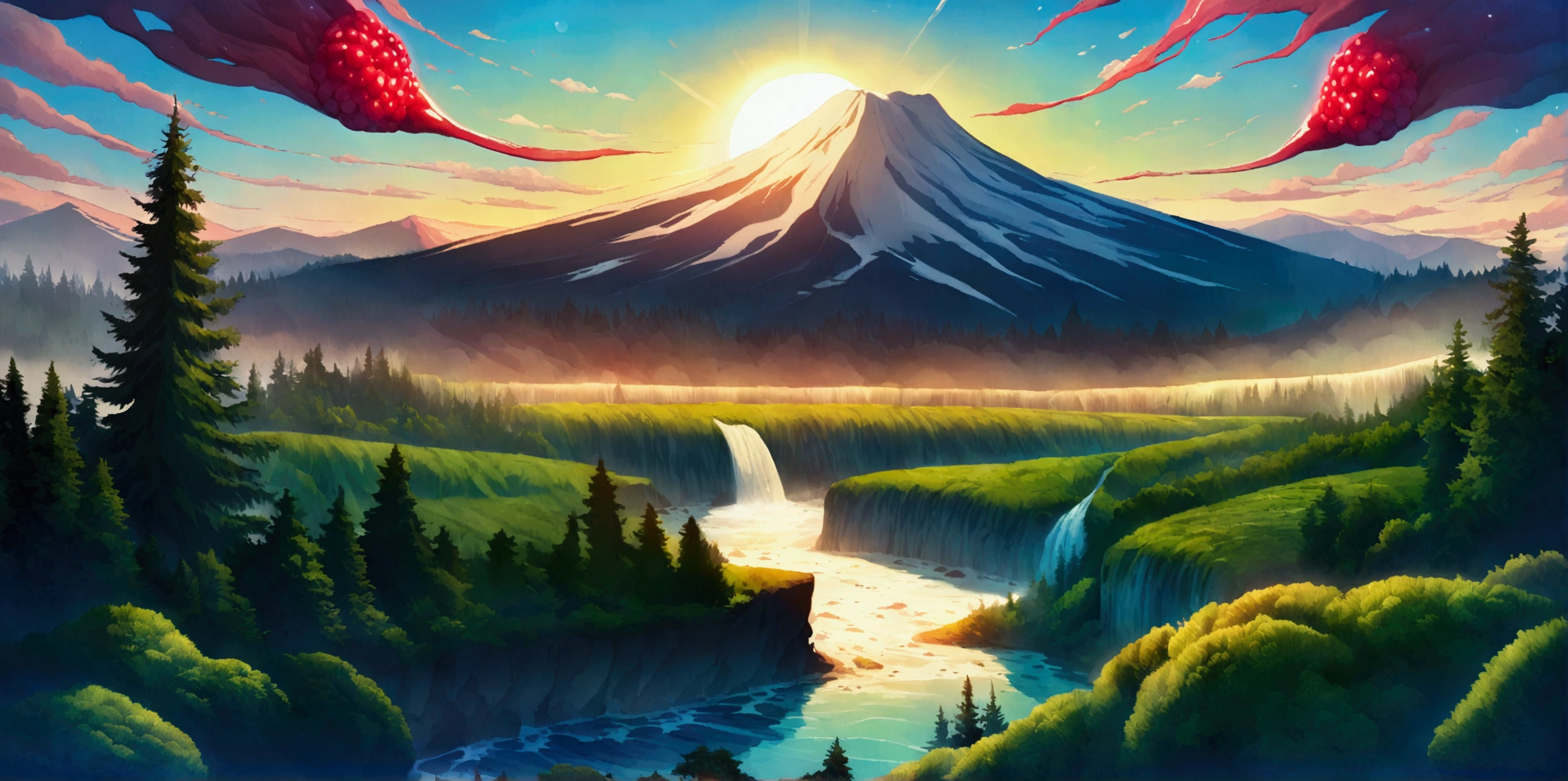 ultra wide landscape flooded with light moebius style, greenery, giant chili, giant blackberries, epic, sun, mt hood, waterfall, forest, oregon, green