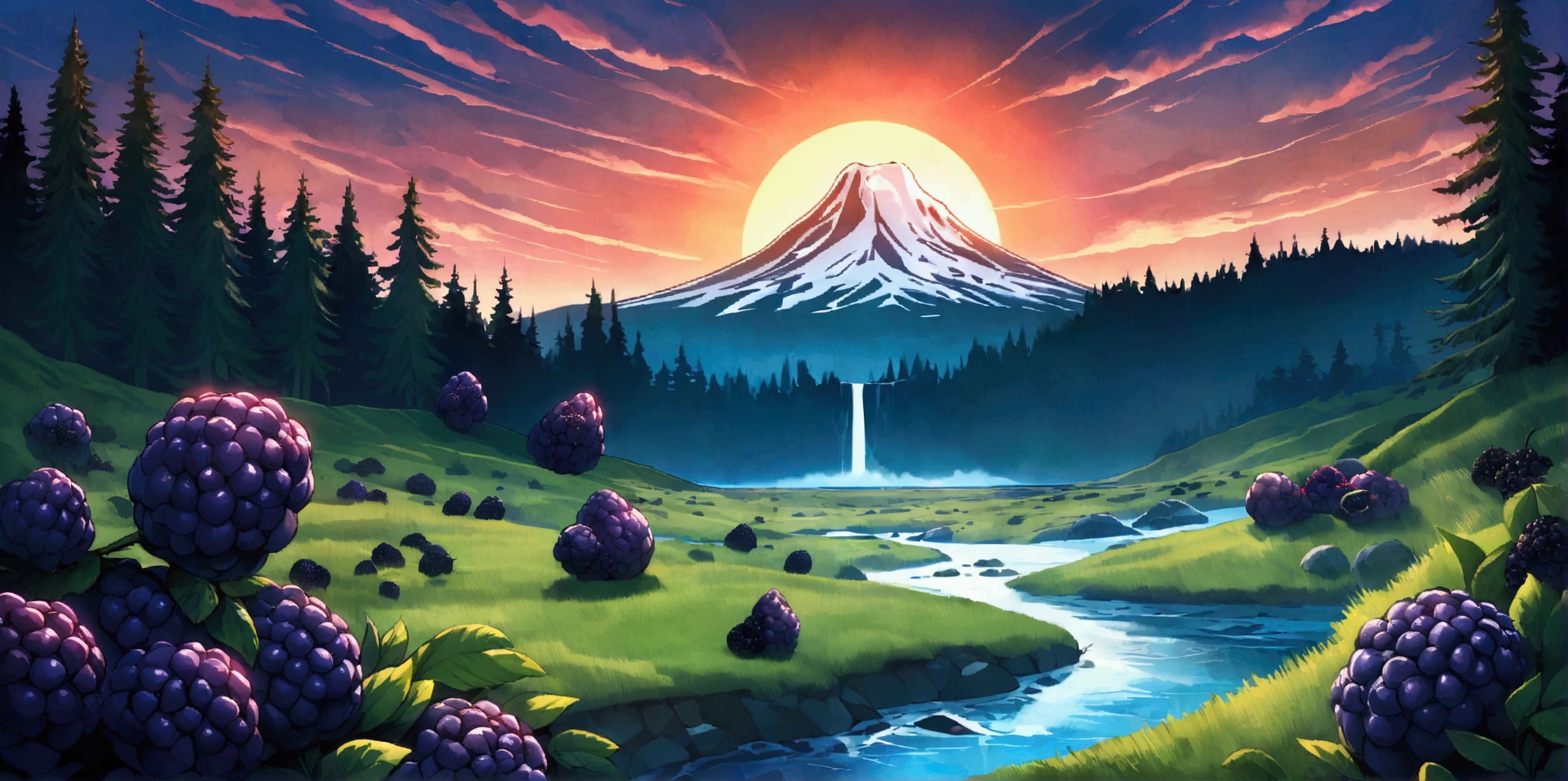 ultra wide landscape flooded with light moebius style, greenery, giant chili, giant blackberries, epic, sun, mt hood, waterfall, forest, oregon, green