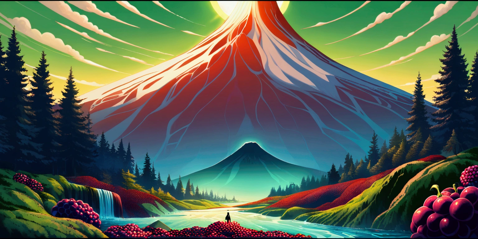 ultra wide landscape flooded with light moebius style, greenery, giant chili, giant blackberries, epic, sun, mt hood, waterfall, forest, oregon, green