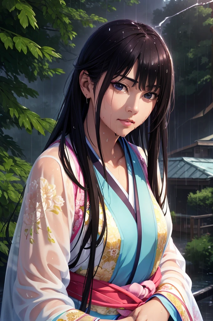 Heavy rain background、Field、in the forest、Walking in the river、On the run、In the fog、war (Highest quality,4K,8k,High resolution,masterpiece:1.2), Very detailed, (Realistic,Realistic,Realistic:1.37), High resolution, Hyper HD, Studio Lighting, Ultra-fine painting, Sharp focus, Physically Based Rendering, Very detailed説明, Professional, Vibrant colors, Bokeh, Sports Late Night, Ancient War Landscapes, Traditional Chinese Painting Techniques, Atmospheric lighting, Vivid color contrast, Ethereal atmosphere,Very detailed目と顔, Beautiful attention to detail, Light on the face,豪華なHanfu (Hanfu: 1.1),My whole body is wet、My clothes are wet and transparent、Nipples are visible、The nipples are pale pink、Dynamic pose、Rain clouds spreading across the sky、Heavy rain weather、Pouring rain、Wind and rain storm、((Soaked skin from head to toe))、((Rain-soaked clothes(Rain dripping from clothes))、((The lines of your body are clearly visible through your wet clothes...))、、Green Eyes、Tired look、Disheveled clothing、Slim figure、Small breasts