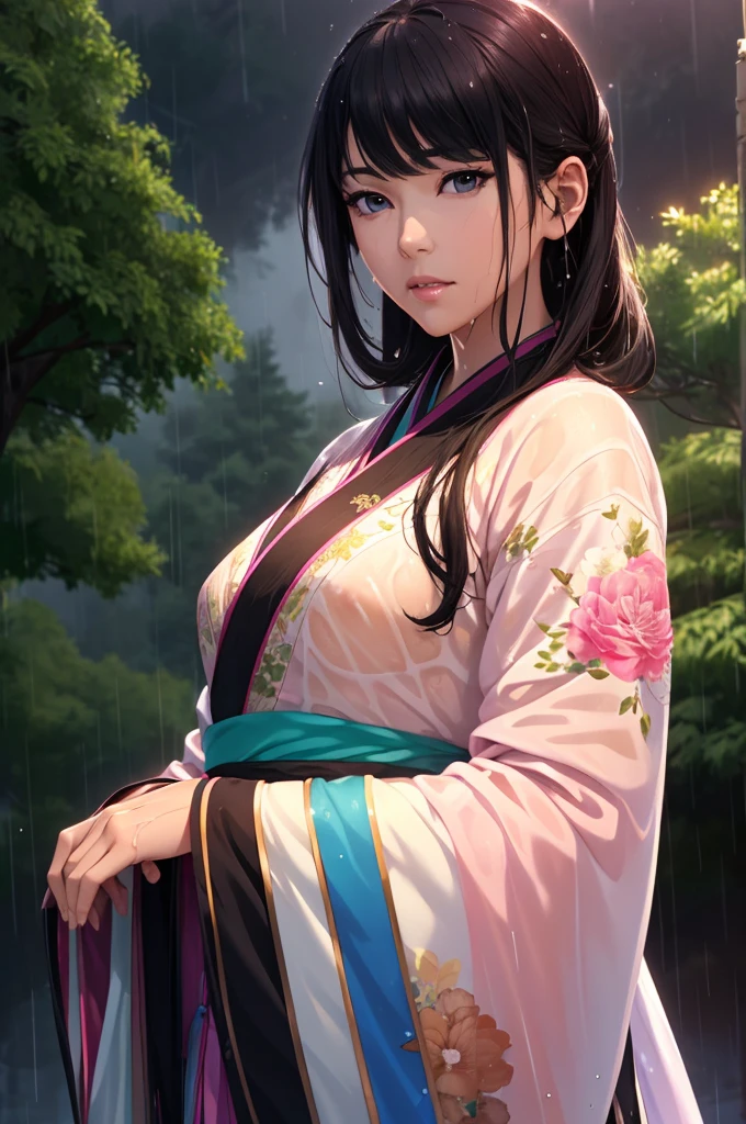 Background of heavy rain、Field、in the forest、Walking in the river、On the run、In the fog、war (Highest quality,4K,8k,High resolution,masterpiece:1.2), Very detailed, (Realistic,Realistic,Realistic:1.37), High resolution, Hyper HD, Studio Lighting, Ultra-fine painting, Sharp focus, Physically Based Rendering, Very detailed説明, Professional, Vibrant colors, Bokeh, Sports Late Night, Ancient War Landscapes, Traditional Chinese Painting Techniques, Atmospheric lighting, Vivid color contrast, Ethereal atmosphere,Very detailed目と顔, Beautiful attention to detail, Light on the face,豪華なHanfu (Hanfu: 1.1),My whole body is wet、My clothes are wet and transparent、Nipples are visible、The nipples are pale pink、Rain clouds spreading across the sky、Heavy rain weather、Pouring rain、Wind and rain storm、((Soaked skin from head to toe))、((Rain-soaked clothes(Rain dripping from clothes))、((The lines of your body are clearly visible through your wet clothes...))、、Dark Eyes、black eye、Slim figure、Small breasts