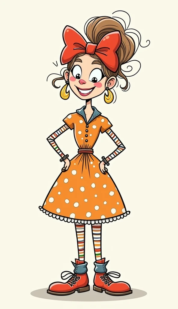 Make a funny 2D line character women as a cartoon. With funny clothes