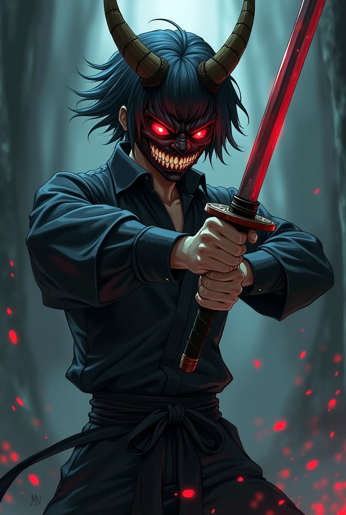 anime styling,short black hair,Eyes red,angry facial expression,holding a katana,with oni mask