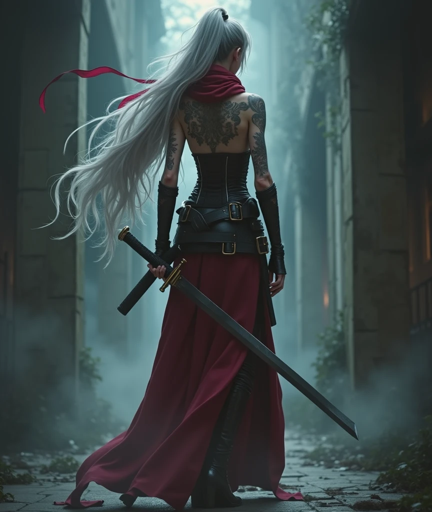 night, very dimly lit, dense fog on ground, highly detailed, intricate, random view angle, skinny female warrior, holding katana, extensively tattooed, confidence, asserted, lost in thoughts, exhausted, battle worn, disappointed, fantasy futuristic mixed setting, extremely long voluminous silver hair, extremely long voluminous ponytail, long red scarf, warriors corset, low-rise flowing maxi skirts, metallic finish, very strong wind, old abandoned overgrown ruins, 