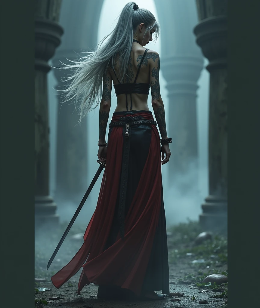 night, very dimly lit, dense fog on ground, highly detailed, intricate, random view angle, skinny female warrior, holding katana, extensively tattooed, confidence, asserted, lost in thoughts, exhausted, battle worn, disappointed, fantasy futuristic mixed setting, extremely long voluminous silver hair, extremely long voluminous ponytail, long red scarf, warriors corset, low-rise flowing maxi skirts, metallic finish, very strong wind, old abandoned overgrown ruins, 
