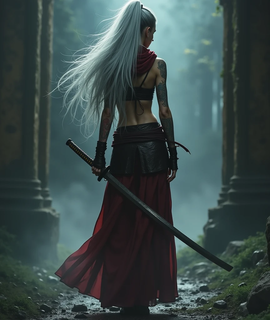 night, very dimly lit, dense fog on ground, highly detailed, intricate, random view angle, skinny female warrior, holding katana, extensively tattooed, confidence, asserted, lost in thoughts, exhausted, battle worn, disappointed, fantasy futuristic mixed setting, extremely long voluminous silver hair, extremely long voluminous ponytail, long red scarf, warriors corset, low-rise flowing maxi skirts, metallic finish, very strong wind, old abandoned overgrown ruins, 